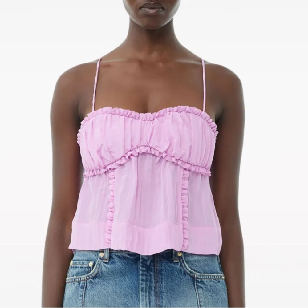 NWOT Ganni Ruffle Trim Satin Top
